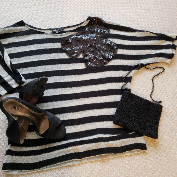 Takara Tops - Takara Stripe Dolman Sleeve Sequin Bow